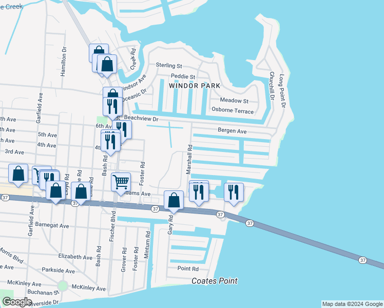 map of restaurants, bars, coffee shops, grocery stores, and more near 3444 Lisbon Avenue in Toms River