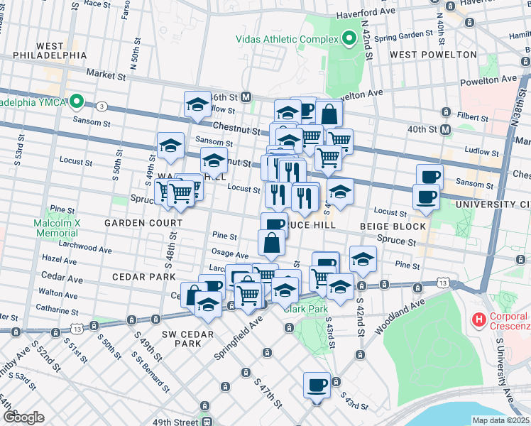 map of restaurants, bars, coffee shops, grocery stores, and more near 4515 Spruce Street in Philadelphia