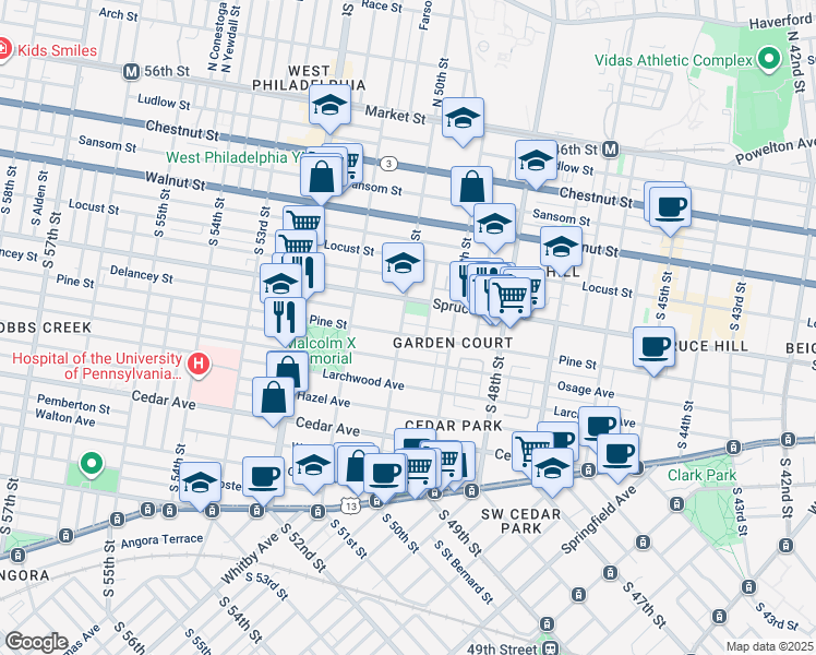 map of restaurants, bars, coffee shops, grocery stores, and more near 4953 Pine Street in Philadelphia
