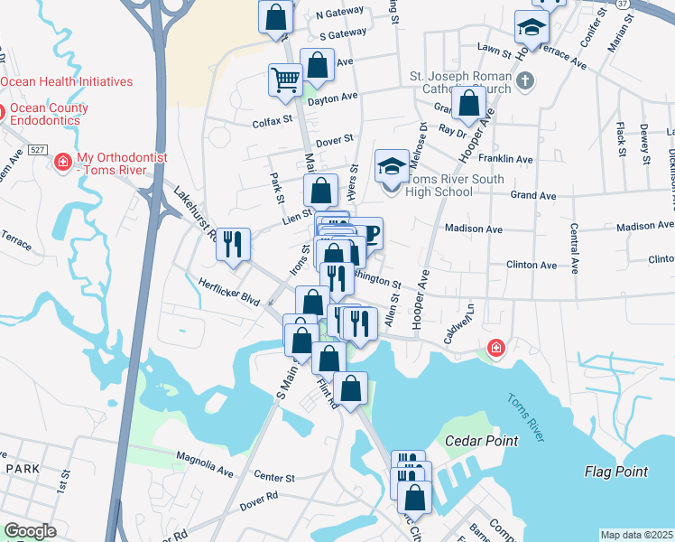 map of restaurants, bars, coffee shops, grocery stores, and more near 73 Main Street in Toms River