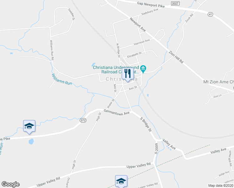 map of restaurants, bars, coffee shops, grocery stores, and more near 25 Water Street in Christiana