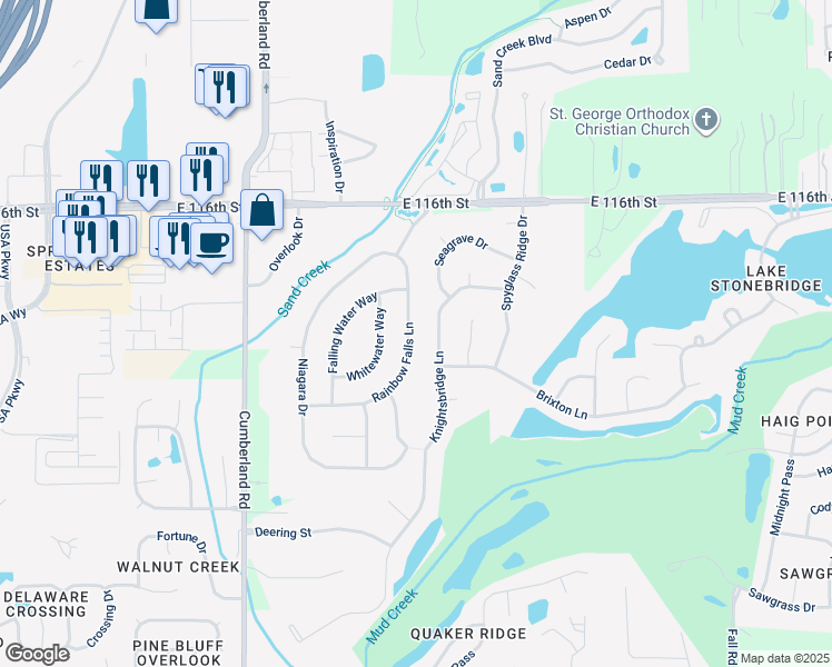 map of restaurants, bars, coffee shops, grocery stores, and more near 11292 Rainbow Falls Lane in Fishers