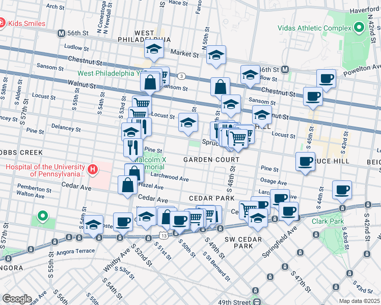 map of restaurants, bars, coffee shops, grocery stores, and more near 4953 Pine Street in Philadelphia