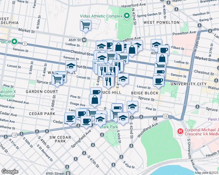map of restaurants, bars, coffee shops, grocery stores, and more near 261 South 44th Street in Philadelphia