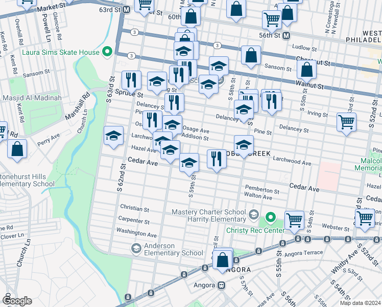 map of restaurants, bars, coffee shops, grocery stores, and more near 525 South Redfield Street in Philadelphia