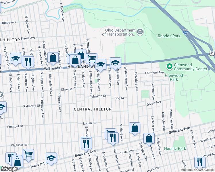 map of restaurants, bars, coffee shops, grocery stores, and more near 71 Clarendon Avenue in Columbus