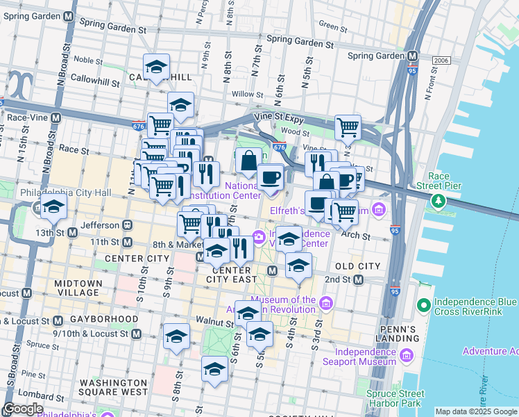 map of restaurants, bars, coffee shops, grocery stores, and more near 100 6th Street in Philadelphia