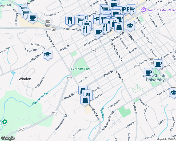 map of restaurants, bars, coffee shops, grocery stores, and more near 504 West Union Street in West Chester
