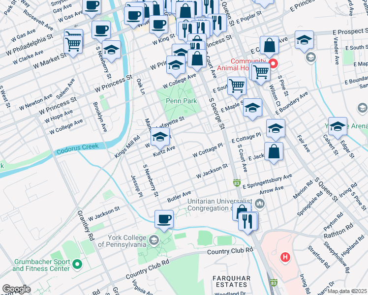 map of restaurants, bars, coffee shops, grocery stores, and more near 144 Kurtz Avenue in York