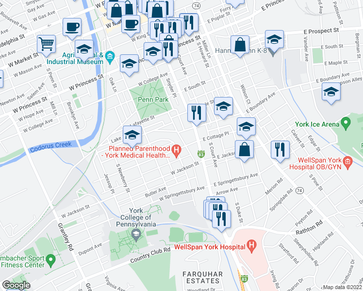 map of restaurants, bars, coffee shops, grocery stores, and more near 644 Cleveland Avenue in York