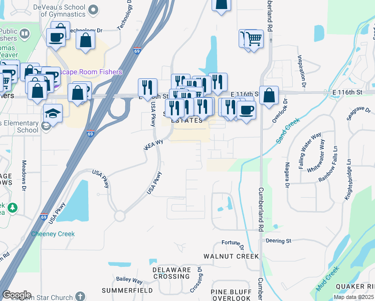 map of restaurants, bars, coffee shops, grocery stores, and more near 11255 Slate Stone Drive in Fishers