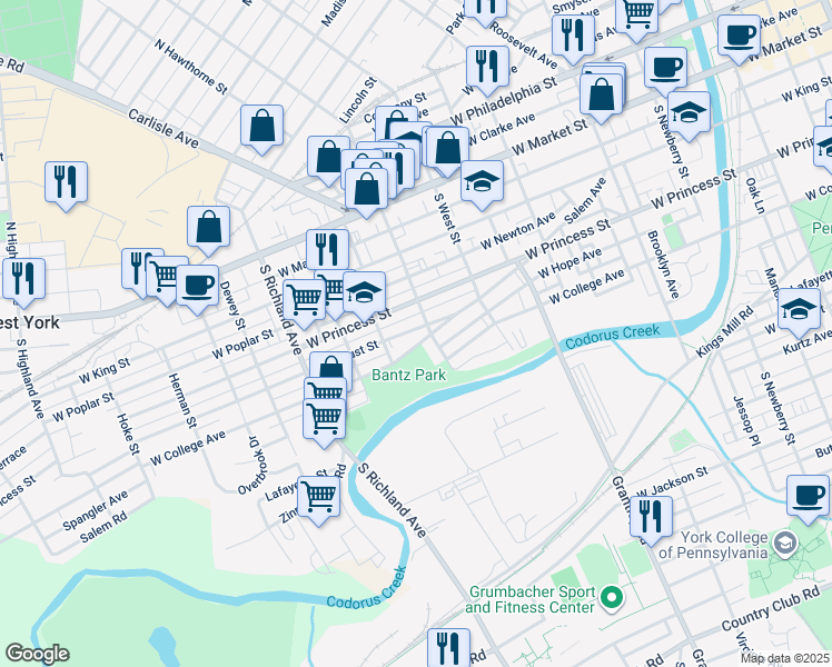 map of restaurants, bars, coffee shops, grocery stores, and more near 714 West Locust Street in York