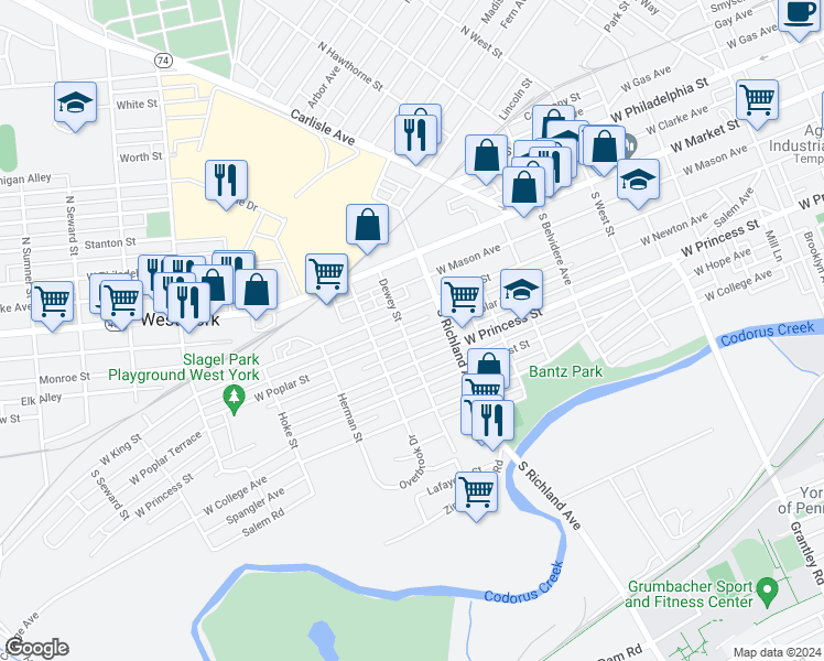 map of restaurants, bars, coffee shops, grocery stores, and more near 1041 West Poplar Street in West York