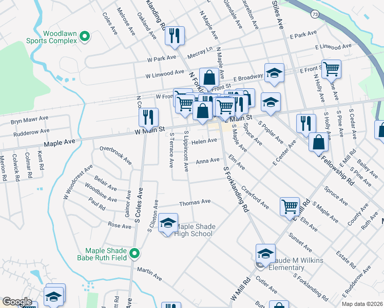 map of restaurants, bars, coffee shops, grocery stores, and more near 25 South Lippincott Avenue in Maple Shade