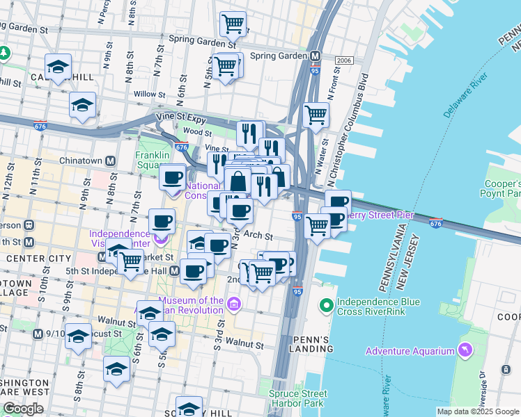 map of restaurants, bars, coffee shops, grocery stores, and more near 133 North Bread Street in Philadelphia