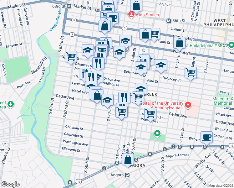 map of restaurants, bars, coffee shops, grocery stores, and more near 5847 Hazel Avenue in Philadelphia