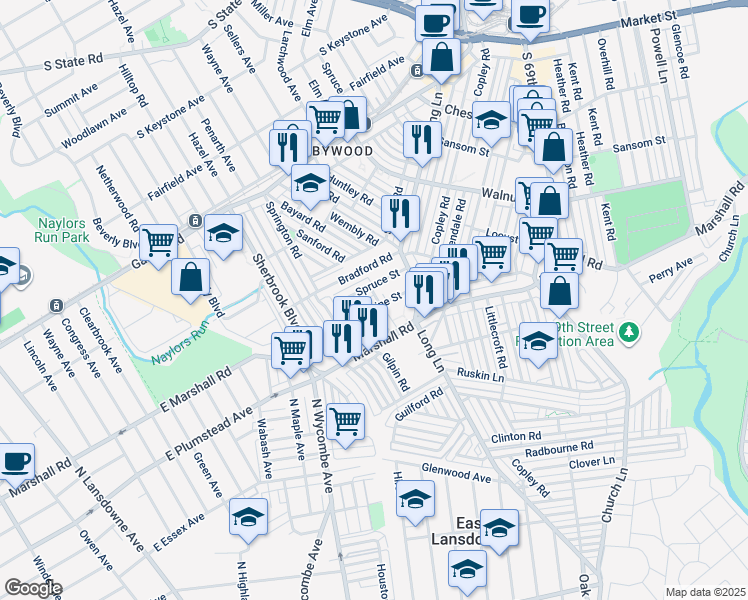 map of restaurants, bars, coffee shops, grocery stores, and more near 7237 Pine Street in Upper Darby
