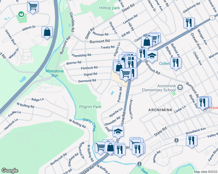 map of restaurants, bars, coffee shops, grocery stores, and more near 227 Pilgrim Lane in Drexel Hill