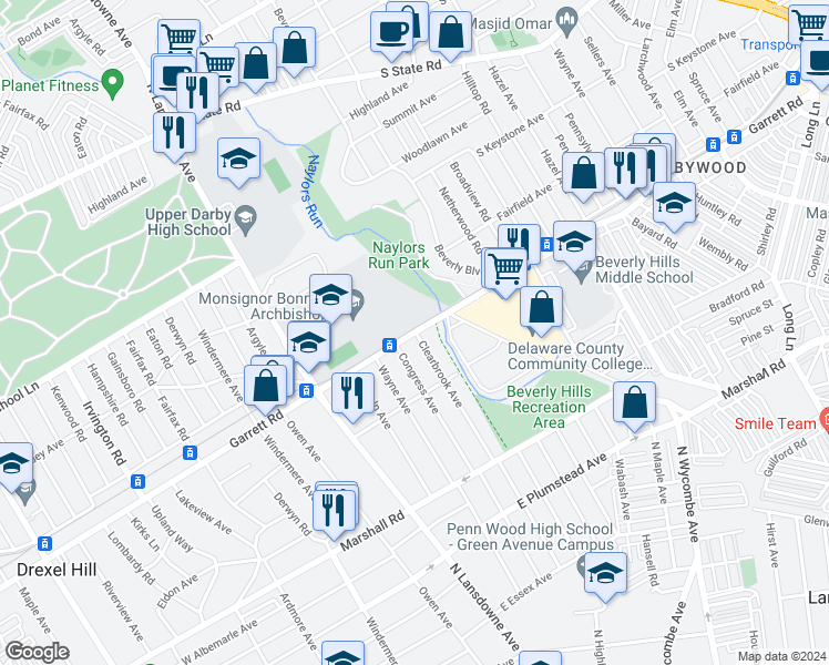 map of restaurants, bars, coffee shops, grocery stores, and more near 1800 Garrett Rd in Drexel Hill