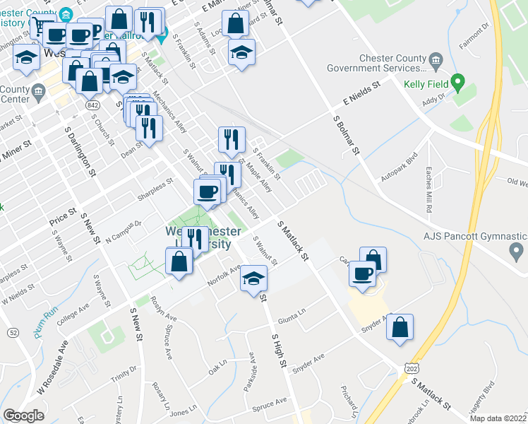 map of restaurants, bars, coffee shops, grocery stores, and more near 742 South Matlack Street in West Chester