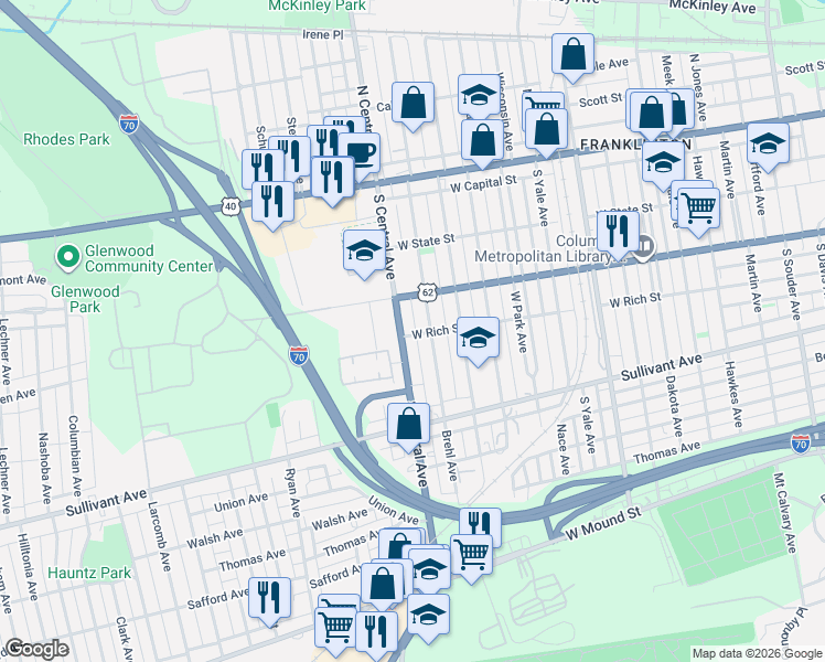 map of restaurants, bars, coffee shops, grocery stores, and more near 220 South Central Avenue in Columbus