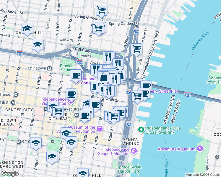 map of restaurants, bars, coffee shops, grocery stores, and more near 225 Race Street in Philadelphia