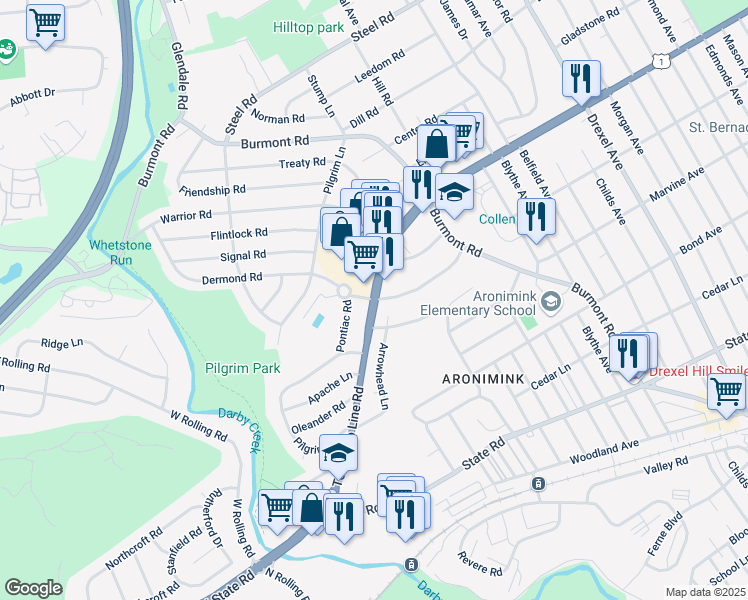 map of restaurants, bars, coffee shops, grocery stores, and more near Township Line Rd & Dermond Rd in Drexel Hill