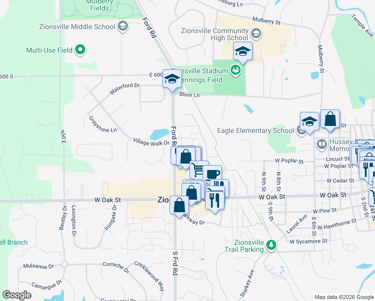map of restaurants, bars, coffee shops, grocery stores, and more near 137 Kevin Drive in Zionsville