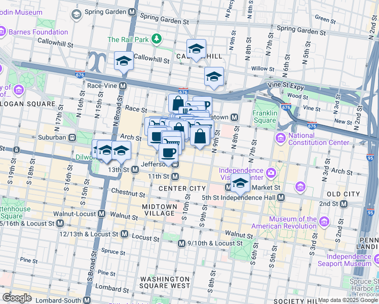 map of restaurants, bars, coffee shops, grocery stores, and more near 1027 Arch Street in Philadelphia
