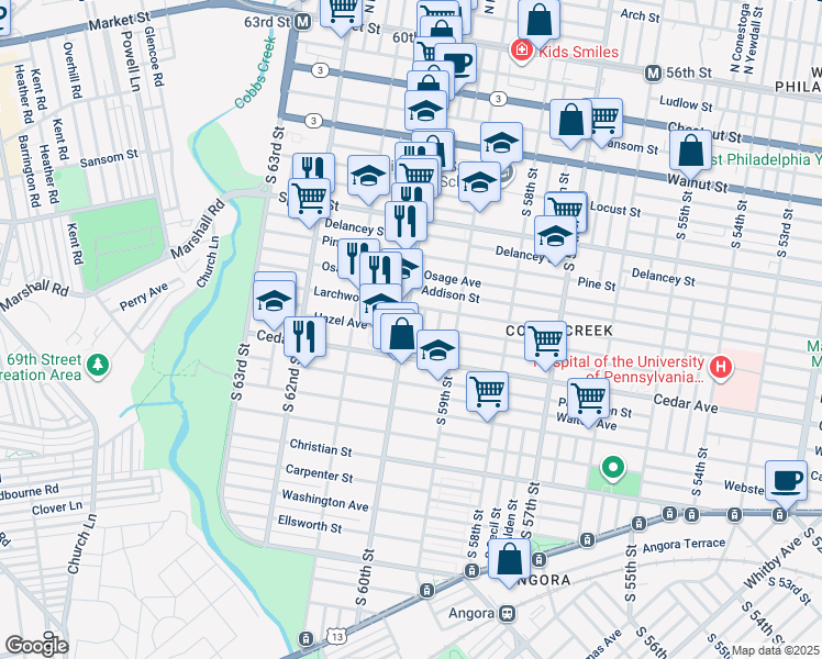map of restaurants, bars, coffee shops, grocery stores, and more near 521 South 60th Street in Philadelphia