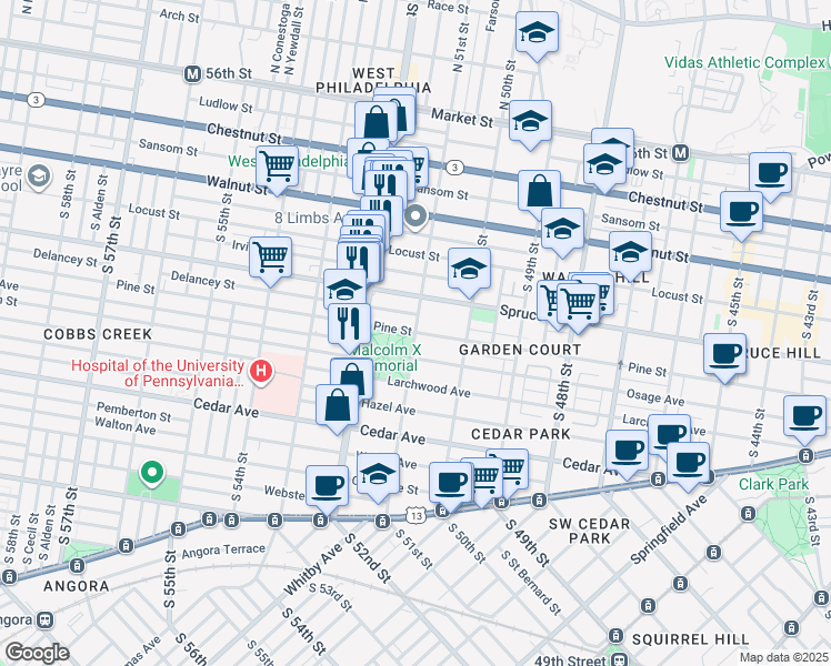 map of restaurants, bars, coffee shops, grocery stores, and more near Pine St & S 51st St in Philadelphia