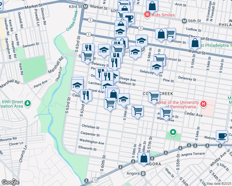 map of restaurants, bars, coffee shops, grocery stores, and more near 521 South 60th Street in Philadelphia