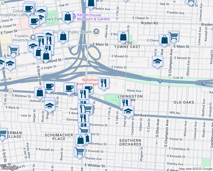 map of restaurants, bars, coffee shops, grocery stores, and more near 700 Children's Drive in Columbus