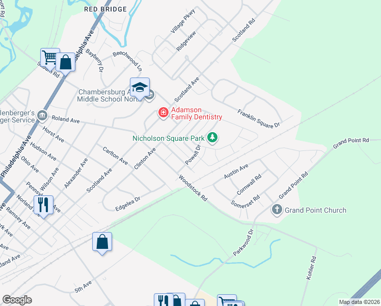 map of restaurants, bars, coffee shops, grocery stores, and more near 1917 Ashley Drive in Chambersburg