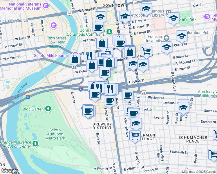 map of restaurants, bars, coffee shops, grocery stores, and more near 425 South High Street in Columbus