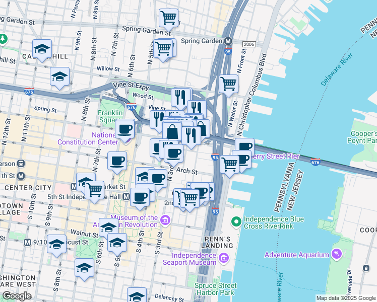 map of restaurants, bars, coffee shops, grocery stores, and more near 225 Race Street in Philadelphia