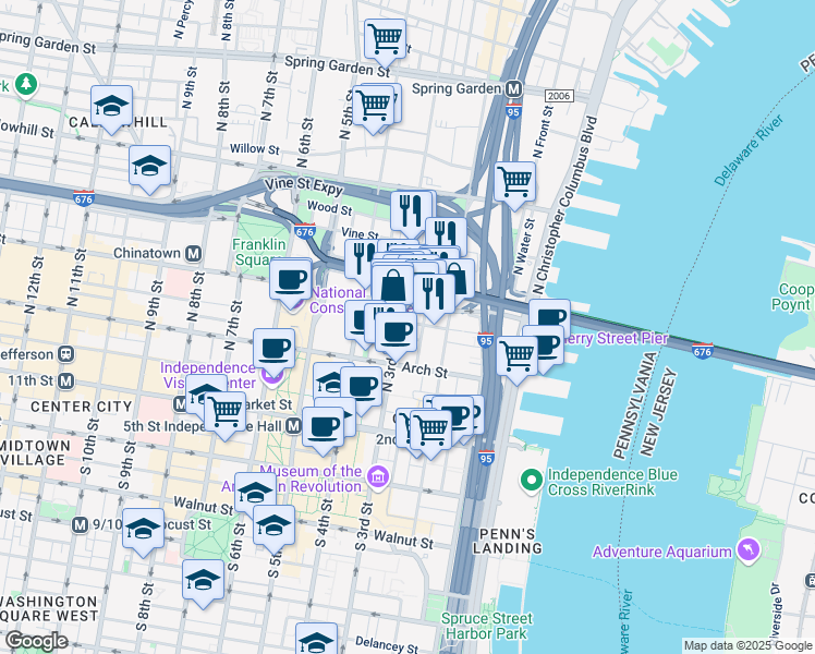 map of restaurants, bars, coffee shops, grocery stores, and more near 225 Race Street in Philadelphia