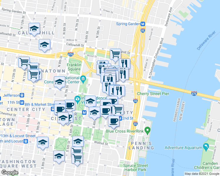map of restaurants, bars, coffee shops, grocery stores, and more near 312 Race Street in Philadelphia