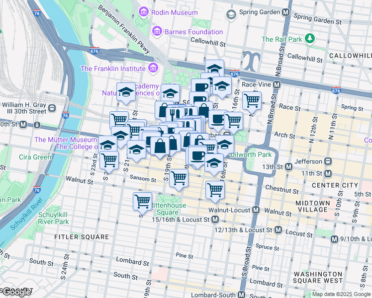 map of restaurants, bars, coffee shops, grocery stores, and more near 1835 Market Street in Philadelphia