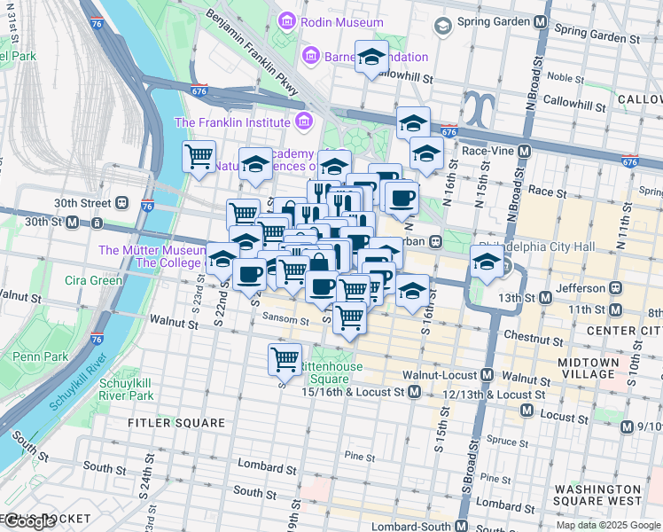 map of restaurants, bars, coffee shops, grocery stores, and more near 1919 Market Street in Philadelphia
