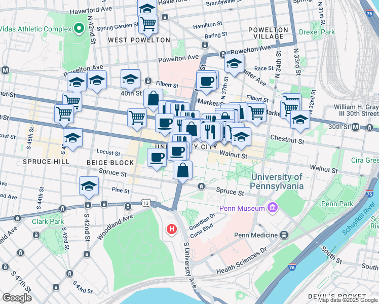 map of restaurants, bars, coffee shops, grocery stores, and more near in Philadelphia