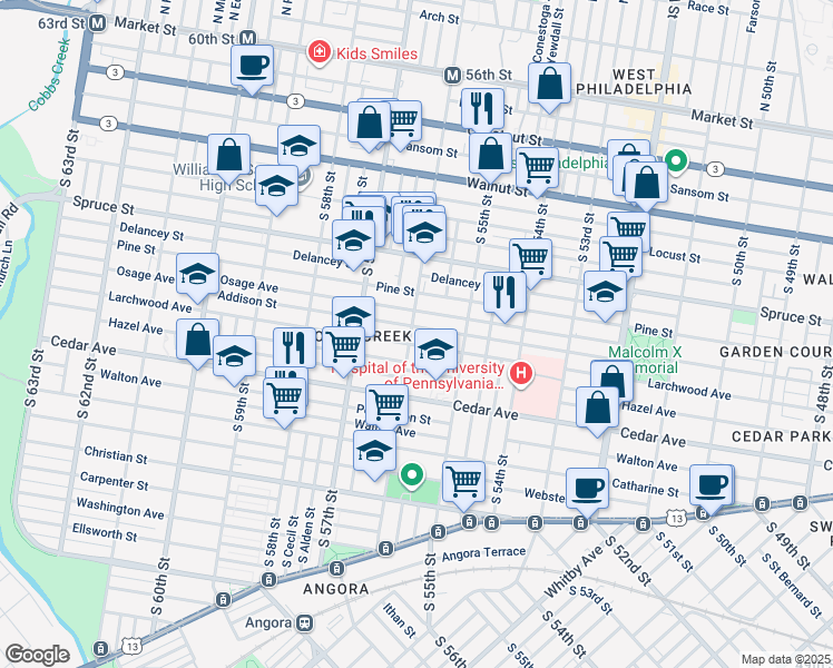map of restaurants, bars, coffee shops, grocery stores, and more near 441 South 56th Street in Philadelphia