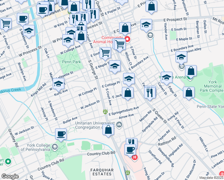 map of restaurants, bars, coffee shops, grocery stores, and more near 39 East Cottage Place in York