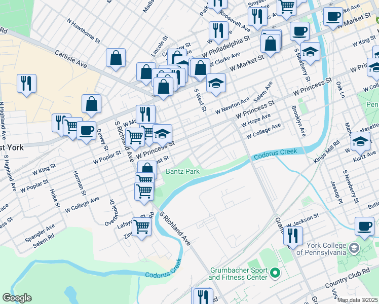 map of restaurants, bars, coffee shops, grocery stores, and more near 256 South Belvidere Avenue in York