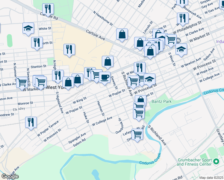 map of restaurants, bars, coffee shops, grocery stores, and more near 1041 West King Street in West York