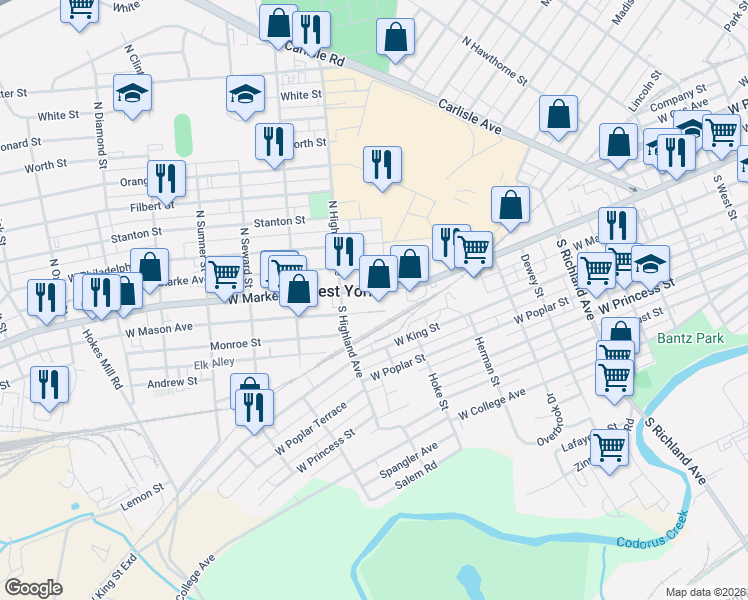 map of restaurants, bars, coffee shops, grocery stores, and more near 1335 West Market Street in West York
