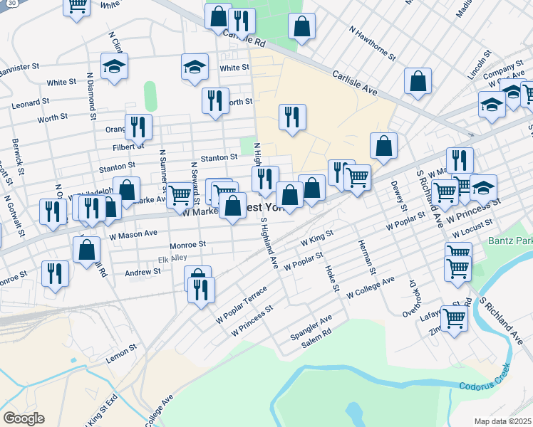 map of restaurants, bars, coffee shops, grocery stores, and more near in West York