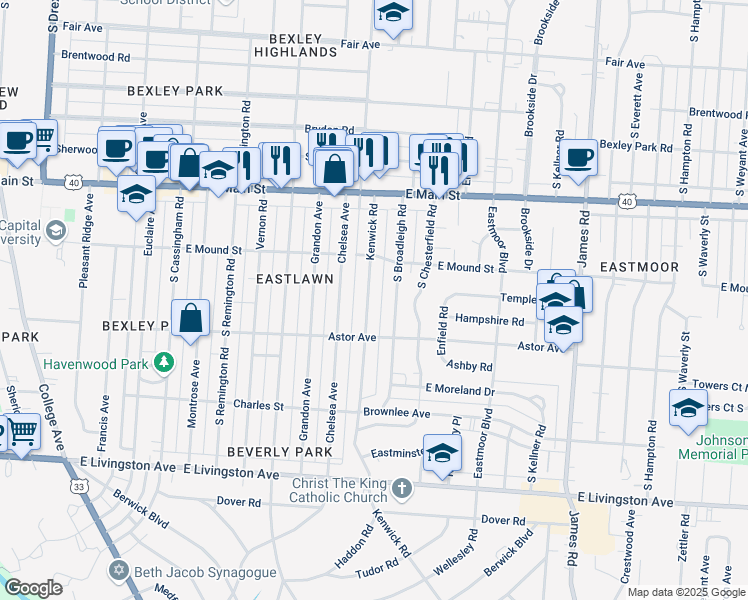 map of restaurants, bars, coffee shops, grocery stores, and more near 793 Kenwick Road in Columbus