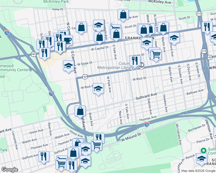 map of restaurants, bars, coffee shops, grocery stores, and more near 203 West Park Avenue in Columbus