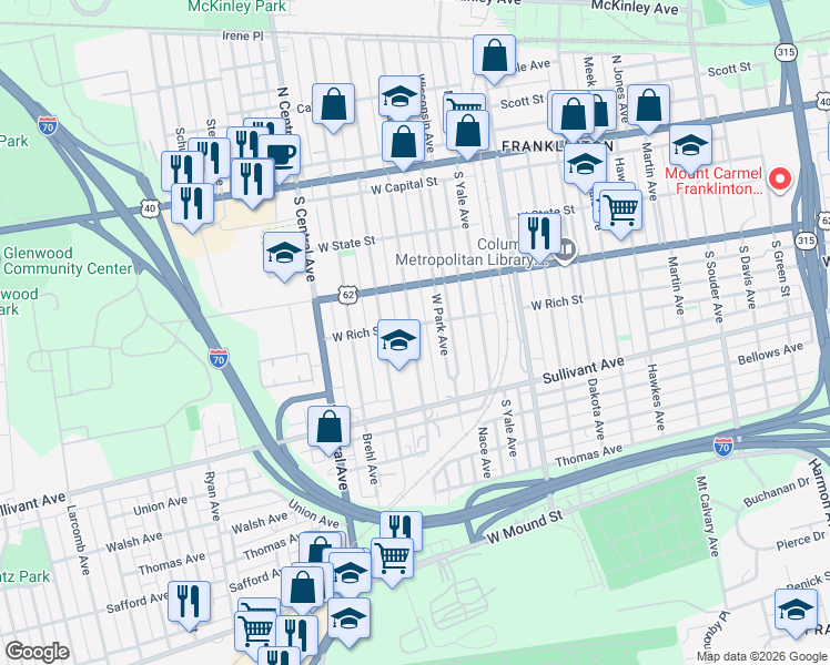 map of restaurants, bars, coffee shops, grocery stores, and more near 205 South Princeton Avenue in Columbus